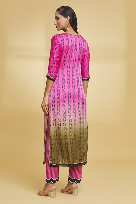 Shop_Maayera Jaipur_Pink Cotton, , Organza Embroidery, Lace Ombre Floral Kurta Pant Set _at_Aza_Fashions