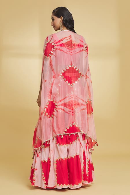 Shop Maayera Jaipur Red Muslin, Silk Gota Patti V-neck Embroidered Cape Pant Set at Aza Fashions Shop_Maayera Jaipur_Red Muslin, Silk Gota Patti V-neck Embroidered Cape Pant Set _at_Aza_Fashions