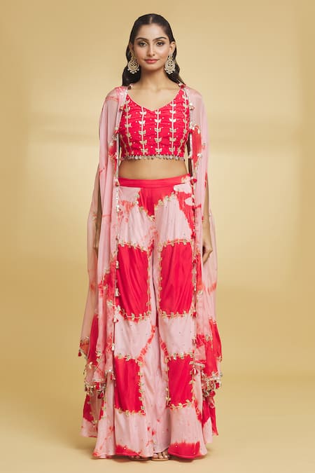 Buy Maayera Jaipur Red Muslin, Silk Gota Patti V-neck Embroidered Cape Pant Set Online at Aza Fashions Buy_Maayera Jaipur_Red Muslin, Silk Gota Patti V-neck Embroidered Cape Pant Set _Online_at_Aza_Fashions