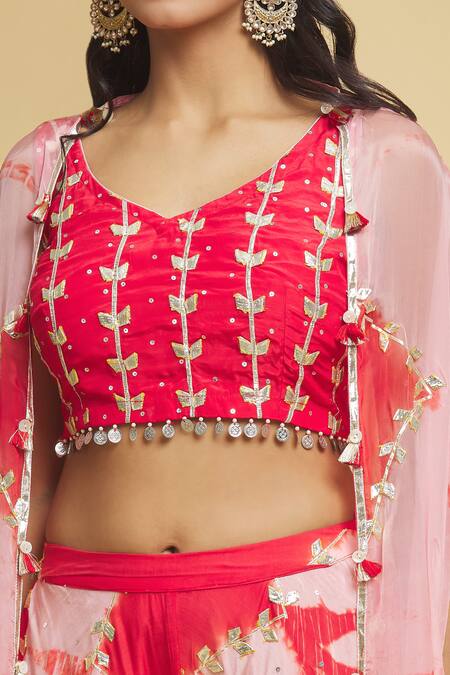 Shop Maayera Jaipur Red Muslin, Silk Gota Patti V-neck Embroidered Cape Pant Set Online at Aza Fashions Shop_Maayera Jaipur_Red Muslin, Silk Gota Patti V-neck Embroidered Cape Pant Set _Online_at_Aza_Fashions