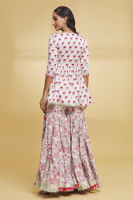 Shop Maayera Jaipur White Cotton, Silk Organza Embroidery, Gota Patti, Short Anarkali Gharara Set at Aza Fashions Shop_Maayera Jaipur_White Cotton, Silk Organza Embroidery, Gota Patti, Short Anarkali Gharara Set _at_Aza_Fashions