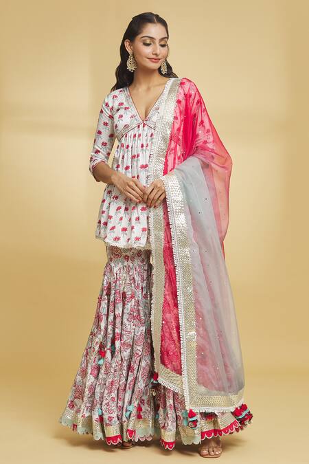 Buy Maayera Jaipur White Cotton, Silk Organza Embroidery, Gota Patti, Short Anarkali Gharara Set Online at Aza Fashions Buy_Maayera Jaipur_White Cotton, Silk Organza Embroidery, Gota Patti, Short Anarkali Gharara Set _Online_at_Aza_Fashions