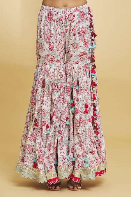 Maayera Jaipur White Cotton, Silk Organza Embroidery, Gota Patti, Short Anarkali Gharara Set at Aza Fashions Maayera Jaipur_White Cotton, Silk Organza Embroidery, Gota Patti, Short Anarkali Gharara Set _at_Aza_Fashions