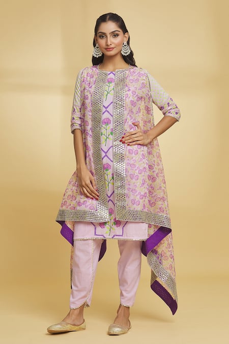 Maayera Jaipur Purple Silk Organza Embroidered Floral Pattern Cape Tulip Pant Set  