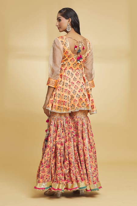 Shop Maayera Jaipur Orange Cotton, Silk Organza Gota Patti, Floral Pattern Anarkali Gharara Set at Aza Fashions Shop_Maayera Jaipur_Orange Cotton, Silk Organza Gota Patti, Floral Pattern Anarkali Gharara Set _at_Aza_Fashions