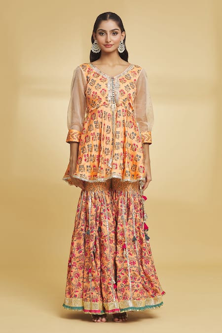 Maayera Jaipur Orange Cotton, Silk Organza Gota Patti, Floral Pattern Anarkali Gharara Set Online at Aza Fashions Maayera Jaipur_Orange Cotton, Silk Organza Gota Patti, Floral Pattern Anarkali Gharara Set _Online_at_Aza_Fashions