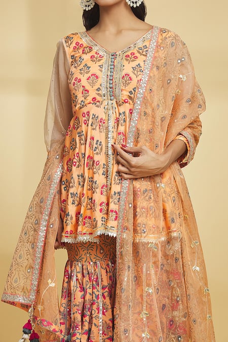 Shop Maayera Jaipur Orange Cotton, Silk Organza Gota Patti, Floral Pattern Anarkali Gharara Set Online at Aza Fashions Shop_Maayera Jaipur_Orange Cotton, Silk Organza Gota Patti, Floral Pattern Anarkali Gharara Set _Online_at_Aza_Fashions