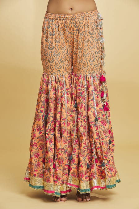 Maayera Jaipur Orange Cotton, Silk Organza Gota Patti, Floral Pattern Anarkali Gharara Set at Aza Fashions Maayera Jaipur_Orange Cotton, Silk Organza Gota Patti, Floral Pattern Anarkali Gharara Set _at_Aza_Fashions