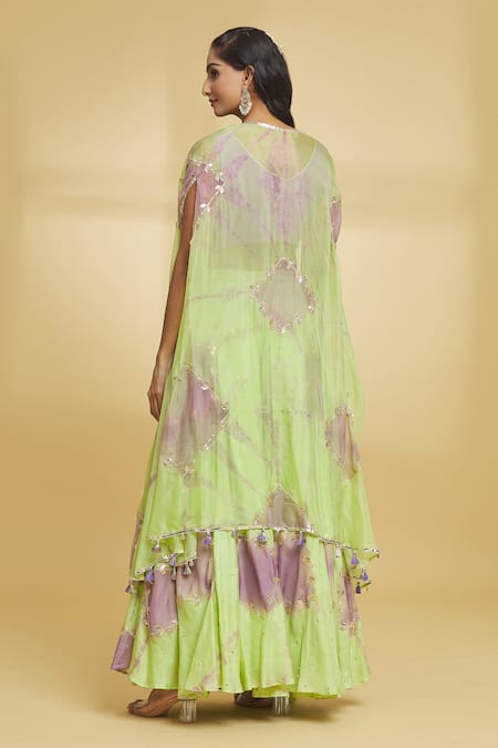 Shop_Maayera Jaipur_Purple Muslin, Silk Gota Patti V-neck Embroidered Cape Flared Pant Set _at_Aza_Fashions