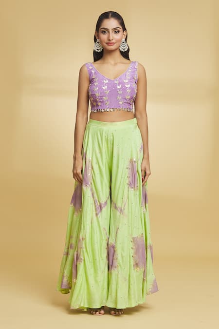 Maayera Jaipur_Purple Muslin, Silk Gota Patti V-neck Embroidered Cape Flared Pant Set _Online_at_Aza_Fashions