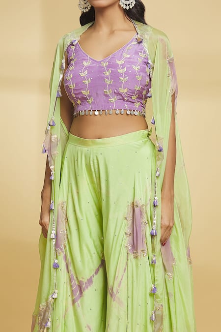 Maayera Jaipur_Purple Muslin, Silk Gota Patti V-neck Embroidered Cape Flared Pant Set _at_Aza_Fashions