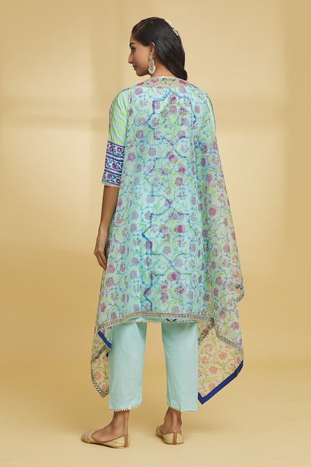 Shop Maayera Jaipur Blue Silk Organza, Cotton Sequins Floral Pattern Asymmetric Cape Tulip Pant Set at Aza Fashions Shop_Maayera Jaipur_Blue Silk Organza, Cotton Sequins Floral Pattern Asymmetric Cape Tulip Pant Set _at_Aza_Fashions