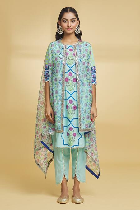 Maayera Jaipur Blue Silk Organza, Cotton Sequins Floral Pattern Asymmetric Cape Tulip Pant Set Online at Aza Fashions Maayera Jaipur_Blue Silk Organza, Cotton Sequins Floral Pattern Asymmetric Cape Tulip Pant Set _Online_at_Aza_Fashions