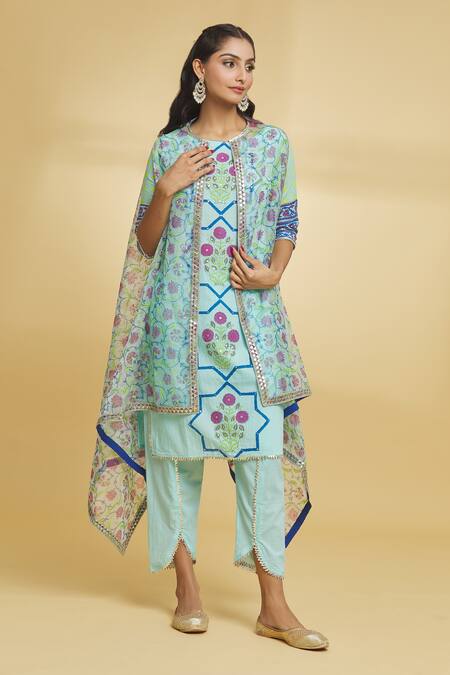 Buy Maayera Jaipur Blue Silk Organza, Cotton Sequins Floral Pattern Asymmetric Cape Tulip Pant Set Online at Aza Fashions Buy_Maayera Jaipur_Blue Silk Organza, Cotton Sequins Floral Pattern Asymmetric Cape Tulip Pant Set _Online_at_Aza_Fashions