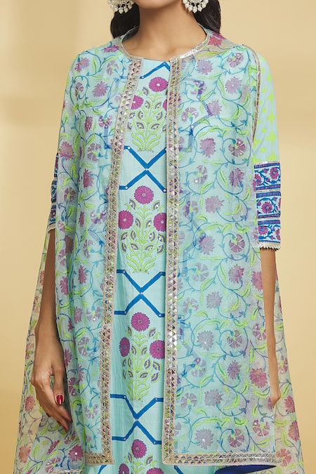 Shop Maayera Jaipur Blue Silk Organza, Cotton Sequins Floral Pattern Asymmetric Cape Tulip Pant Set Online at Aza Fashions Shop_Maayera Jaipur_Blue Silk Organza, Cotton Sequins Floral Pattern Asymmetric Cape Tulip Pant Set _Online_at_Aza_Fashions