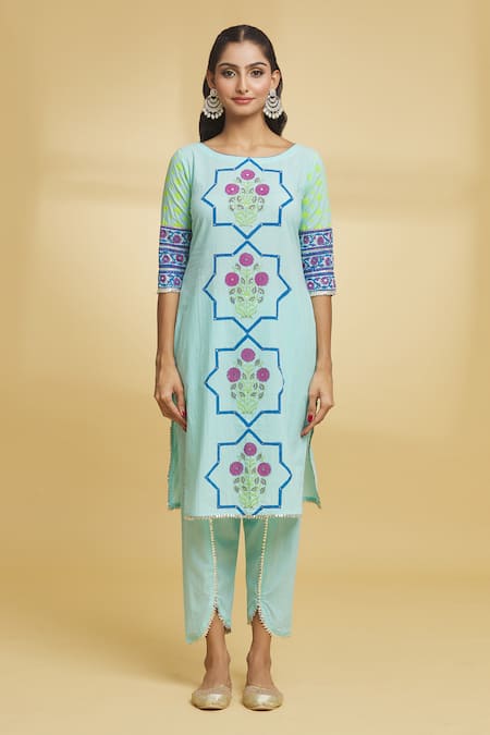 Buy Maayera Jaipur Blue Silk Organza, Cotton Sequins Floral Pattern Asymmetric Cape Tulip Pant Set Buy_Maayera Jaipur_Blue Silk Organza, Cotton Sequins Floral Pattern Asymmetric Cape Tulip Pant Set