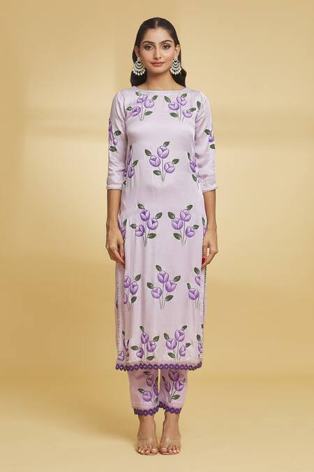 Maayera Jaipur Purple Cotton, Silk Organza Sequins, Floral Pattern Embroidered Kurta Pant Set Online at Aza Fashions Maayera Jaipur_Purple Cotton, Silk Organza Sequins, Floral Pattern Embroidered Kurta Pant Set _Online_at_Aza_Fashions