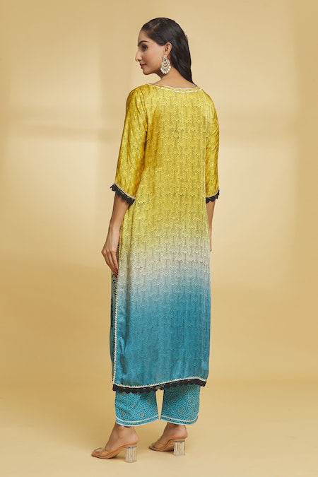 Shop Maayera Jaipur Yellow Cotton, , Organza Sequins Butta Pattern Shaded Kurta Pant Set at Aza Fashions Shop_Maayera Jaipur_Yellow Cotton, , Organza Sequins Butta Pattern Shaded Kurta Pant Set _at_Aza_Fashions