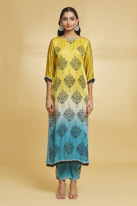 Maayera Jaipur Yellow Cotton, , Organza Sequins Butta Pattern Shaded Kurta Pant Set Online at Aza Fashions Maayera Jaipur_Yellow Cotton, , Organza Sequins Butta Pattern Shaded Kurta Pant Set _Online_at_Aza_Fashions