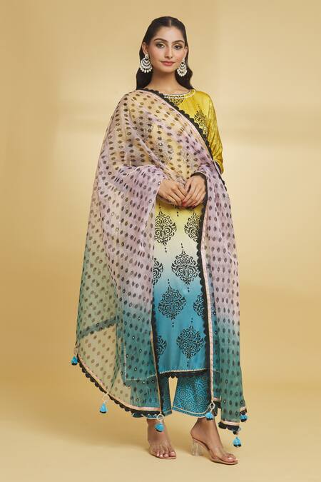 Buy Maayera Jaipur Yellow Cotton, , Organza Sequins Butta Pattern Shaded Kurta Pant Set Online at Aza Fashions Buy_Maayera Jaipur_Yellow Cotton, , Organza Sequins Butta Pattern Shaded Kurta Pant Set _Online_at_Aza_Fashions