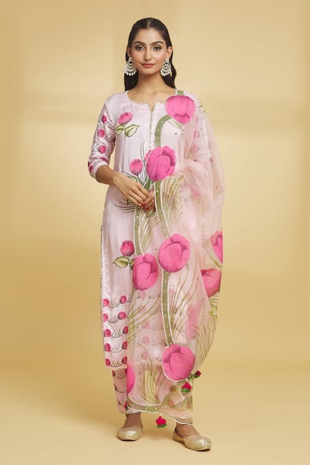 Maayera Jaipur Pink Mul Satin Silk Organza Notched Floral Pattern Kurta Pant Set  