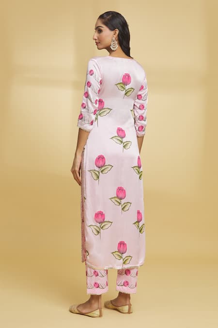 Shop_Maayera Jaipur_Pink Cotton, , Organza Embroidery Split Floral Pattern Kurta Pant Set _at_Aza_Fashions
