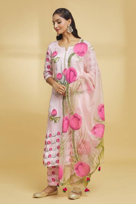 Maayera Jaipur_Pink Cotton, , Organza Embroidery Split Floral Pattern Kurta Pant Set _Online_at_Aza_Fashions