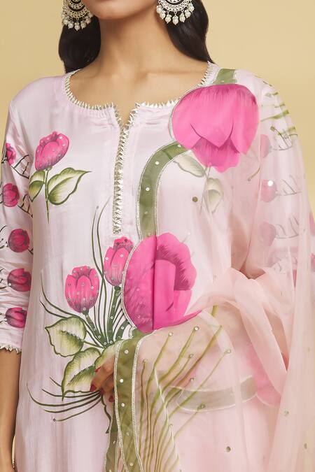 Buy_Maayera Jaipur_Pink Cotton, , Organza Embroidery Split Floral Pattern Kurta Pant Set _Online_at_Aza_Fashions