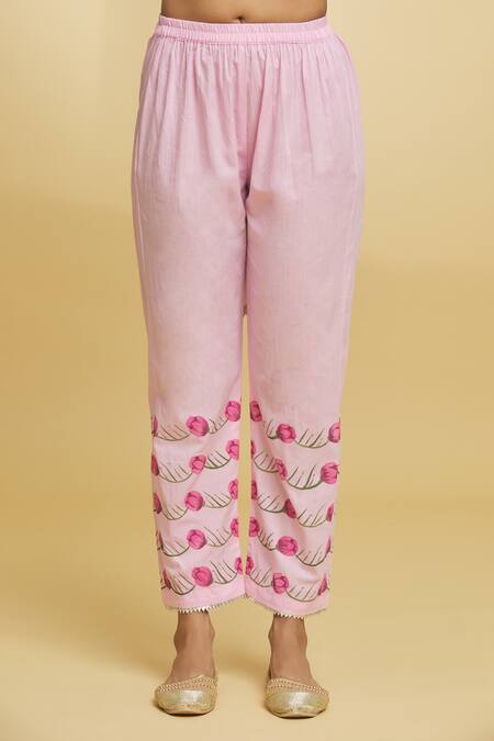 Shop_Maayera Jaipur_Pink Cotton, , Organza Embroidery Split Floral Pattern Kurta Pant Set _Online_at_Aza_Fashions