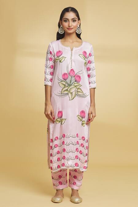 Maayera Jaipur_Pink Cotton, , Organza Embroidery Split Floral Pattern Kurta Pant Set _at_Aza_Fashions