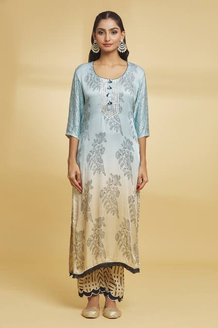 Maayera Jaipur Multi Color Cotton, Organza, Floral And Bird Pattern Kurta Pant Set Online at Aza Fashions Maayera Jaipur_Multi Color Cotton, Organza, Floral And Bird Pattern Kurta Pant Set _Online_at_Aza_Fashions