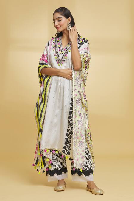 Buy Maayera Jaipur White Muslin, Cotton Tassels V-neck Floral Pattern Kaftan And Pant Set Online at Aza Fashions Buy_Maayera Jaipur_White Muslin, Cotton Tassels V-neck Floral Pattern Kaftan And Pant Set _Online_at_Aza_Fashions