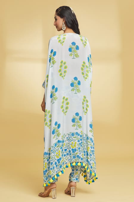Shop Maayera Jaipur Blue Crepe, Silk Sequins, Embroidery Iris Bloom Print Hand Kurta With Pant at Aza Fashions Shop_Maayera Jaipur_Blue Crepe, Silk Sequins, Embroidery Iris Bloom Print Hand Kurta With Pant _at_Aza_Fashions