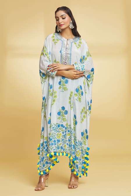 Maayera Jaipur Blue Crepe, Silk Sequins, Embroidery Iris Bloom Print Hand Kurta With Pant Online at Aza Fashions Maayera Jaipur_Blue Crepe, Silk Sequins, Embroidery Iris Bloom Print Hand Kurta With Pant _Online_at_Aza_Fashions