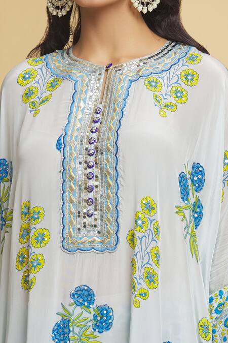 Buy Maayera Jaipur Blue Crepe, Silk Sequins, Embroidery Iris Bloom Print Hand Kurta With Pant Online at Aza Fashions Buy_Maayera Jaipur_Blue Crepe, Silk Sequins, Embroidery Iris Bloom Print Hand Kurta With Pant _Online_at_Aza_Fashions
