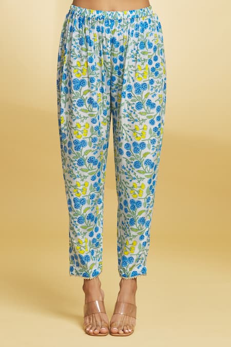 Shop Maayera Jaipur Blue Crepe, Silk Sequins, Embroidery Iris Bloom Print Hand Kurta With Pant Online at Aza Fashions Shop_Maayera Jaipur_Blue Crepe, Silk Sequins, Embroidery Iris Bloom Print Hand Kurta With Pant _Online_at_Aza_Fashions