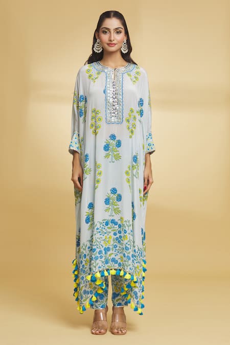 Maayera Jaipur Blue Crepe, Silk Sequins, Embroidery Iris Bloom Print Hand Kurta With Pant at Aza Fashions Maayera Jaipur_Blue Crepe, Silk Sequins, Embroidery Iris Bloom Print Hand Kurta With Pant _at_Aza_Fashions