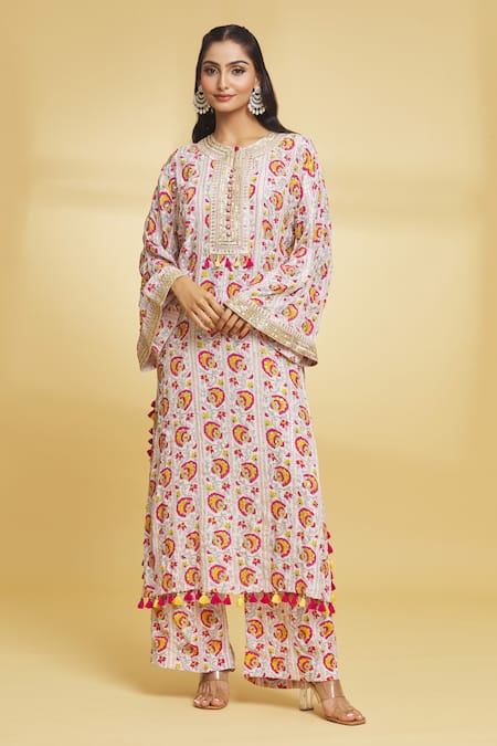 Maayera Jaipur Multi Color Crepe Silk Print Wildflower Bloom Round Kurta With Palazzo  