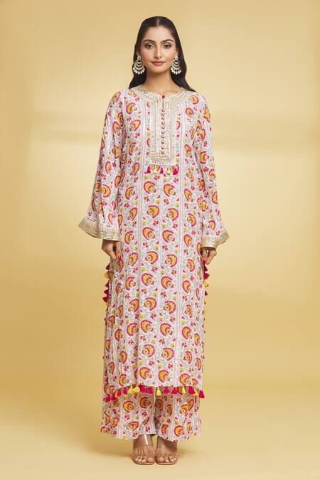 Maayera Jaipur Multi Color Crepe, Silk Sequins, Wildflower Bloom Print Kurta With Palazzo Online at Aza Fashions Maayera Jaipur_Multi Color Crepe, Silk Sequins, Wildflower Bloom Print Kurta With Palazzo _Online_at_Aza_Fashions