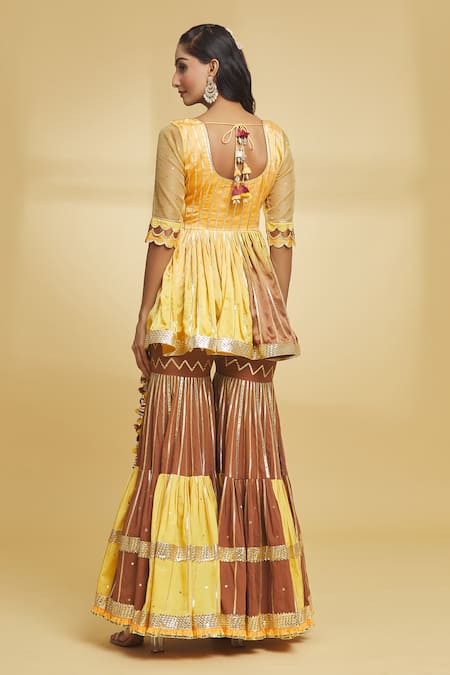 Shop Maayera Jaipur Brown Organza, Satin, Cotton, Muslin Chevron And Kurti Sharara Set at Aza Fashions Shop_Maayera Jaipur_Brown Organza, Satin, Cotton, Muslin Chevron And Kurti Sharara Set _at_Aza_Fashions