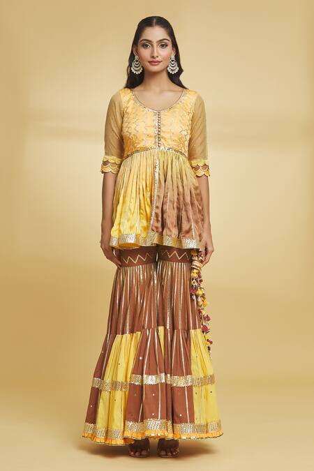 Maayera Jaipur Brown Organza, Satin, Cotton, Muslin Chevron And Kurti Sharara Set Online at Aza Fashions Maayera Jaipur_Brown Organza, Satin, Cotton, Muslin Chevron And Kurti Sharara Set _Online_at_Aza_Fashions