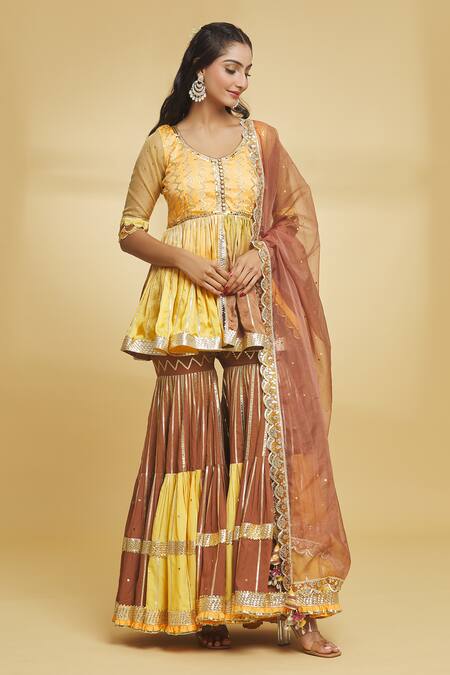 Buy Maayera Jaipur Brown Organza, Satin, Cotton, Muslin Chevron And Kurti Sharara Set Online at Aza Fashions Buy_Maayera Jaipur_Brown Organza, Satin, Cotton, Muslin Chevron And Kurti Sharara Set _Online_at_Aza_Fashions