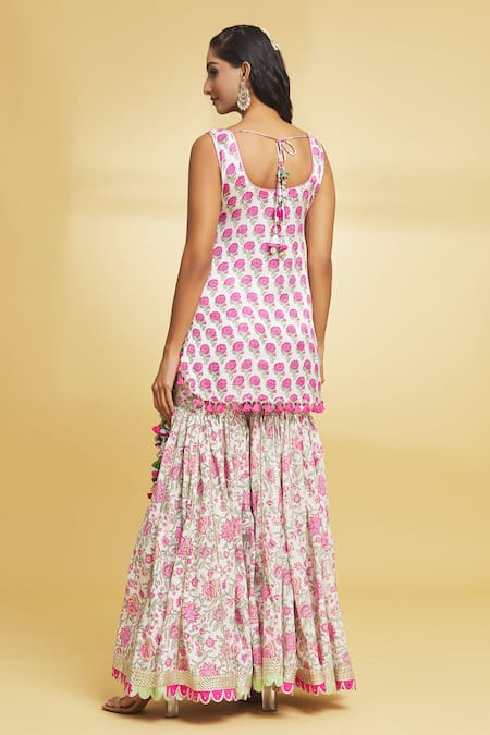 Shop Maayera Jaipur Pink Silk Organza, Muslin, Cotton Tassels, Petunia Bloom Print Gharara Set at Aza Fashions Shop_Maayera Jaipur_Pink Silk Organza, Muslin, Cotton Tassels, Petunia Bloom Print Gharara Set _at_Aza_Fashions