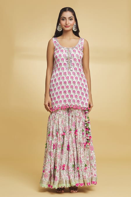 Maayera Jaipur Pink Silk Organza, Muslin, Cotton Tassels, Petunia Bloom Print Gharara Set Online at Aza Fashions Maayera Jaipur_Pink Silk Organza, Muslin, Cotton Tassels, Petunia Bloom Print Gharara Set _Online_at_Aza_Fashions