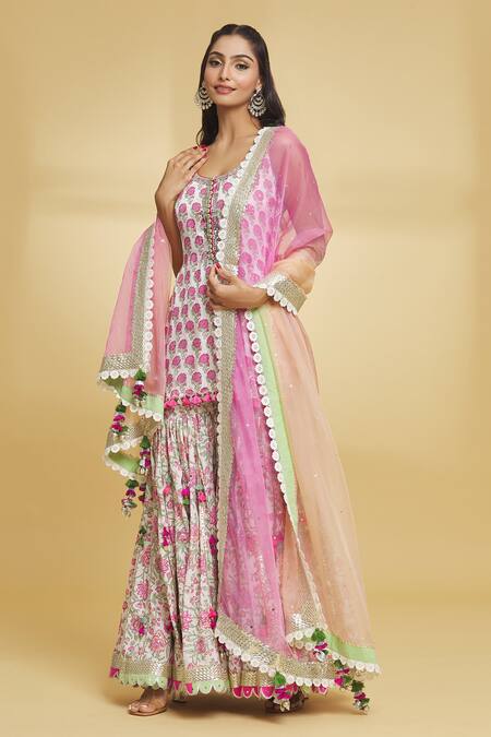 Buy Maayera Jaipur Pink Silk Organza, Muslin, Cotton Tassels, Petunia Bloom Print Gharara Set Online at Aza Fashions Buy_Maayera Jaipur_Pink Silk Organza, Muslin, Cotton Tassels, Petunia Bloom Print Gharara Set _Online_at_Aza_Fashions