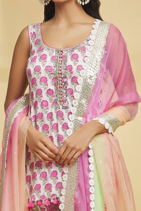 Shop Maayera Jaipur Pink Silk Organza, Muslin, Cotton Tassels, Petunia Bloom Print Gharara Set Online at Aza Fashions Shop_Maayera Jaipur_Pink Silk Organza, Muslin, Cotton Tassels, Petunia Bloom Print Gharara Set _Online_at_Aza_Fashions