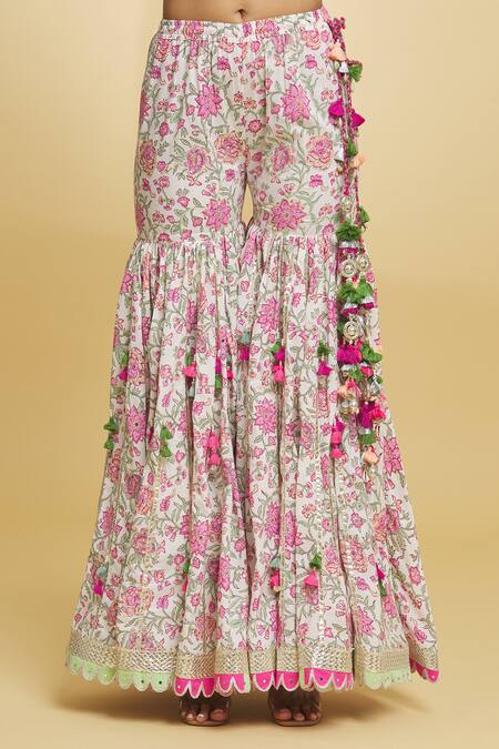 Maayera Jaipur Pink Silk Organza, Muslin, Cotton Tassels, Petunia Bloom Print Gharara Set at Aza Fashions Maayera Jaipur_Pink Silk Organza, Muslin, Cotton Tassels, Petunia Bloom Print Gharara Set _at_Aza_Fashions