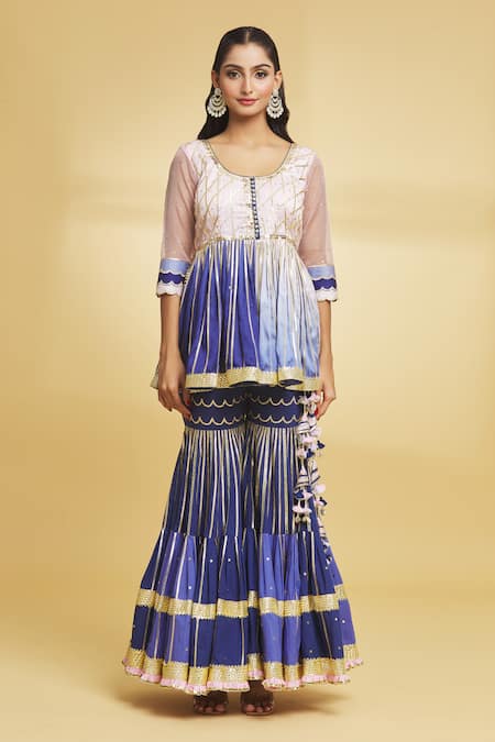Maayera Jaipur Blue Organza, Satin, Cotton, Jaal And Embroidered Kurti Sharara Set Online at Aza Fashions Maayera Jaipur_Blue Organza, Satin, Cotton, Jaal And Embroidered Kurti Sharara Set _Online_at_Aza_Fashions