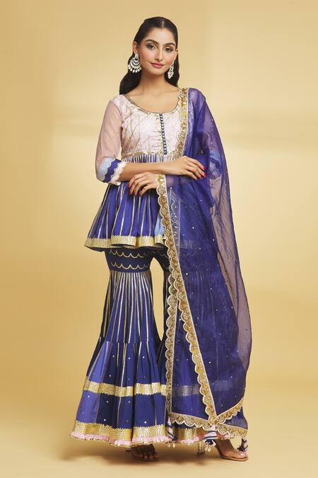 Buy Maayera Jaipur Blue Organza, Satin, Cotton, Jaal And Embroidered Kurti Sharara Set Online at Aza Fashions Buy_Maayera Jaipur_Blue Organza, Satin, Cotton, Jaal And Embroidered Kurti Sharara Set _Online_at_Aza_Fashions