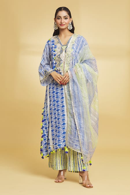 Maayera Jaipur Blue Crepe Silk Print Phool Glass Neck Block Kurta Pant Set  